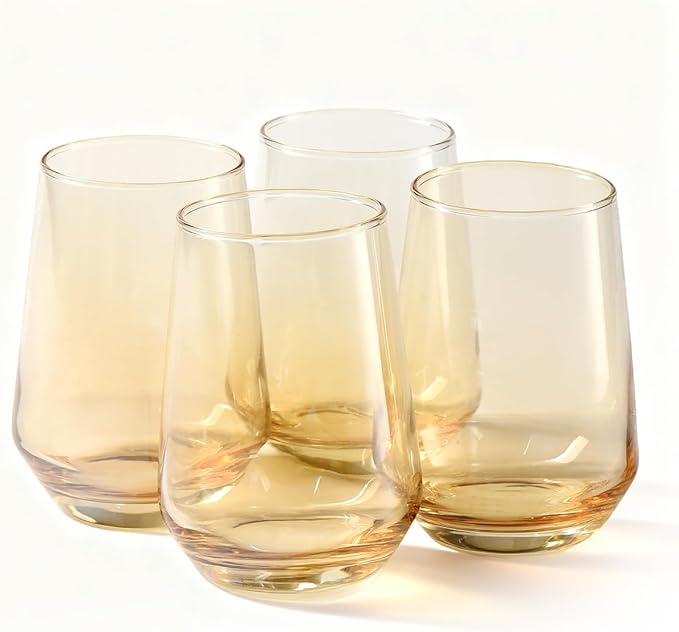 Modern Glass Drinking Cups Set, Clear Crystal Stemless Tumblers, 13.2 oz Capacity, 4.53 inch Height, 4 Pack (Golden) Kitchen Water Iced Tea Juice Beverage Glass