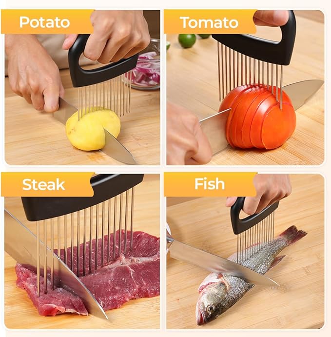 Stainless Steel Onion Slice Holder, Onion Holder for Slicing, Egg Cutter Vegetable Chopper, Ultifunctiona Fruit Slicer OnionPin Slicer Loose Meat Pin, Kitchen Chopper Slicing Tool (2, D)