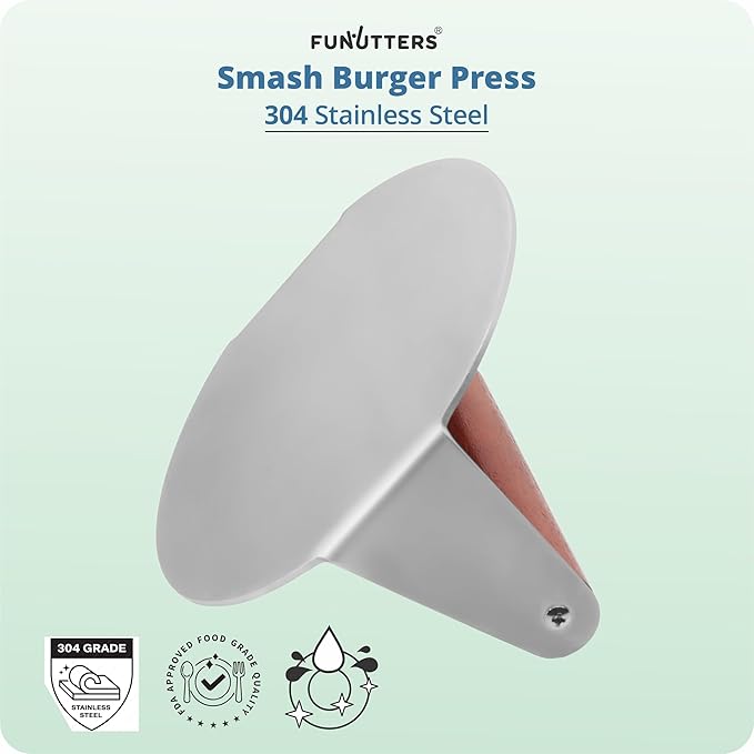 6'' Smash Burger Press Patty Maker, Hamburger Smasher Tool, Heavy-Duty Stainless Steel, BBQ Grill and Flattop Griddle Accessory - Commercial Grade (6'' with Beechwood Handle)