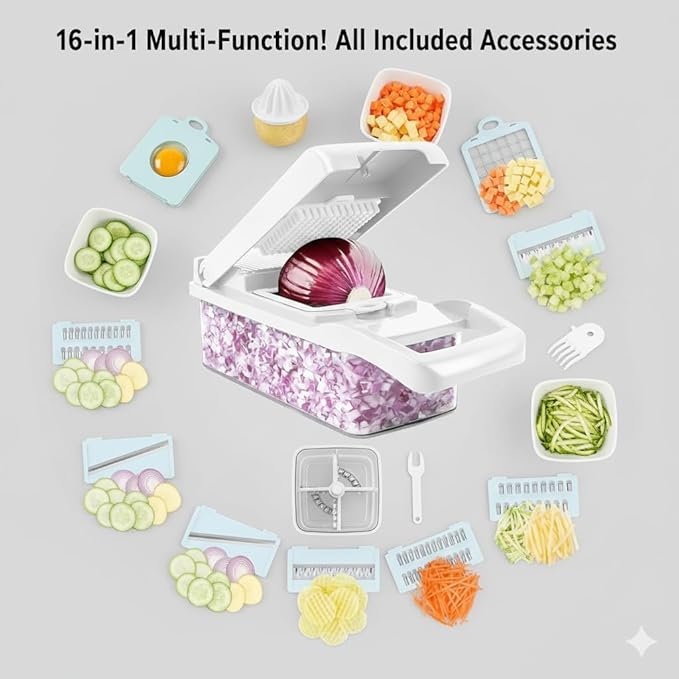 16 in 1 Vegetable Chopper, Mandoline Slicer and Food Processor - Kitchen Essentials for Effortless Food Prep - Includes Salad Spinner, Cheese Grater, Onion Chopper, French Fry Cutter (Sky Blue)