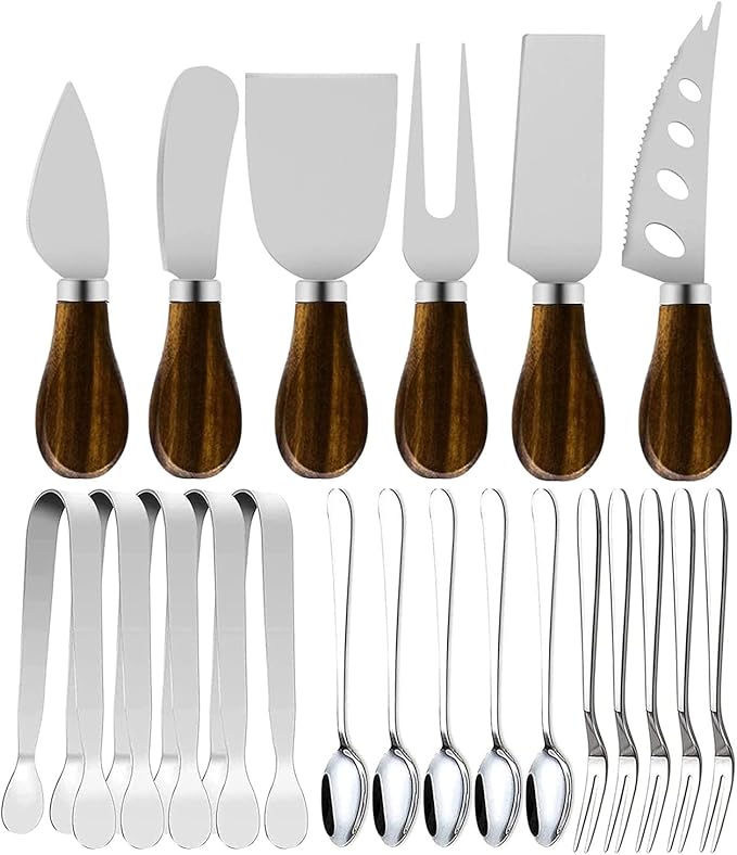 Cheese Butter Spreader Knife Set, Charcuterie Board Accessories Utensils,Stainless Steel with Walnut Wood Handel, Mini Serving Tongs Spoons Forks Set