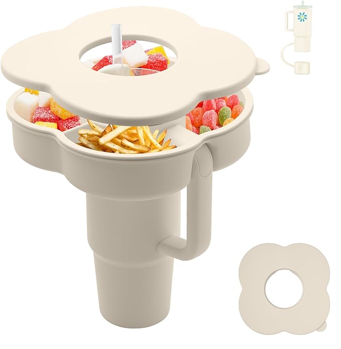 Snack Bowl with Lid for Stanley 30 oz Tumbler with Handle, Silicone Snack Tray Snack Ring for Stanley Cup Accessories, Suitable for Car Cup Holder or Outdoor, Cream