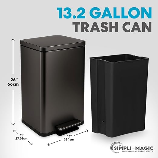 SIMPLI-Magic 13.2 Gallon (50L) Step Trash Can – Kitchen Garbage Can with Slow-Close Lid – Odor Control, Hands-Free, Easy to Clean, Brushed Stainless Steel