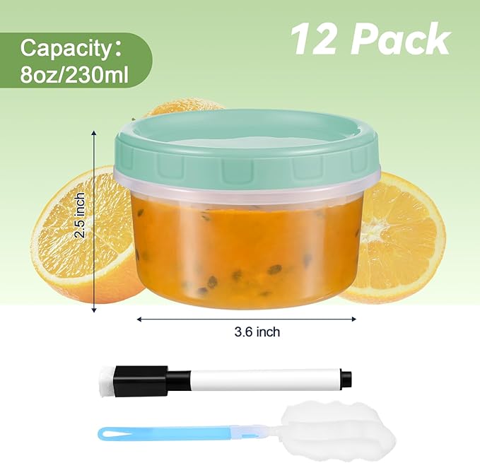 12 Piece 8 oz Plastic Food Storage Containers with Lids, Reusable Freezer Storage Containers, Small Meal Prep Containers with Pen and Brush, BPA-Free, Screw Top, Microwave & Dishwasher Safe