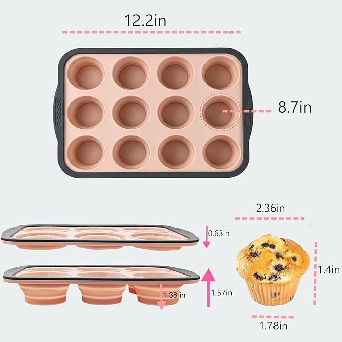 YiYeraio Silicone Muffin Pans for Baking with Metal Frame, 12 Cup Silicone Muffin Pan, Nonstick Cupcake Pan, BPA Free Muffin Tins Easy to Pop Cupcake Baking Pan Molds for Oven Dishwasher Safe Pink