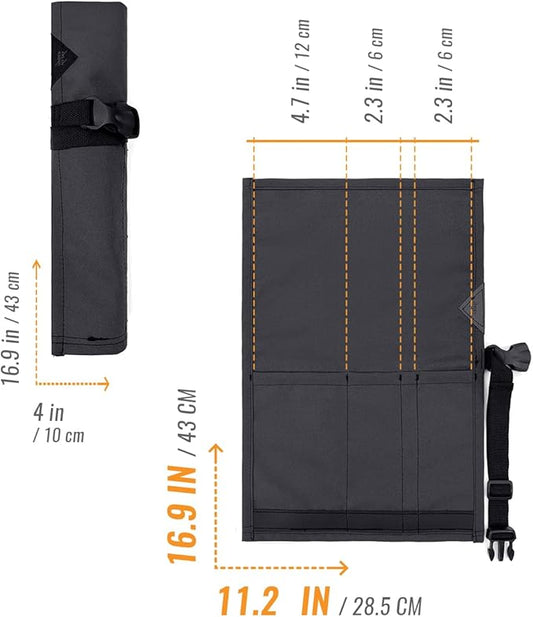 Under NY Sky Knife Roll Case - 3 Slots - Heavy Duty Oxford Canvas Pouch - Leather Reinforced - Portable Bag for Cooking Tools, Utensils, Cutlery Knives, Brushes - Chefs, Kitchen, Travel, Gift - Gray