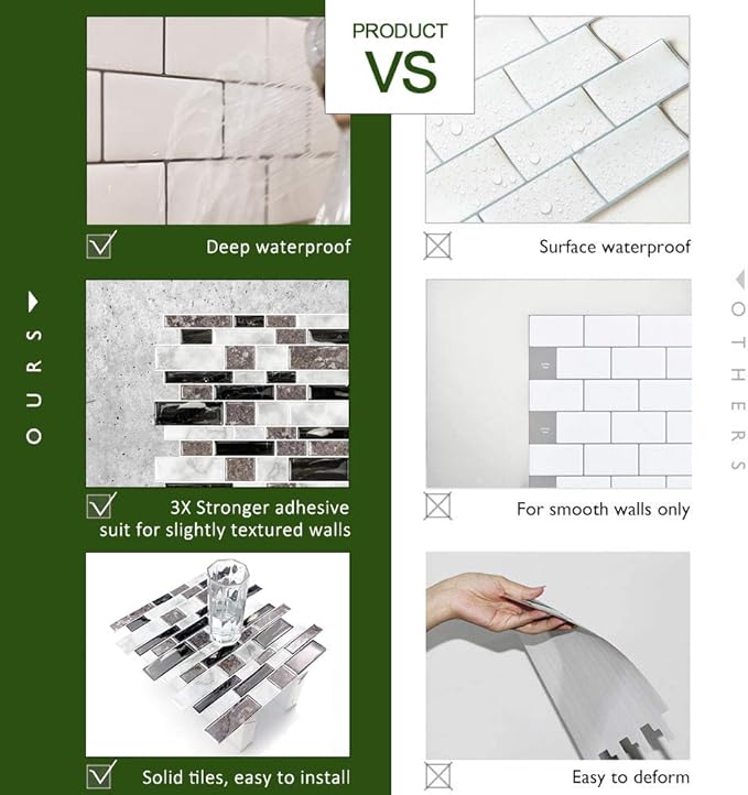STICKGOO 10-Sheet Marble Look Peel and Stick Tiles, Decorative Self Adhesive Kitchen Backsplash in Granite (Pack of 10, Thicker Design)