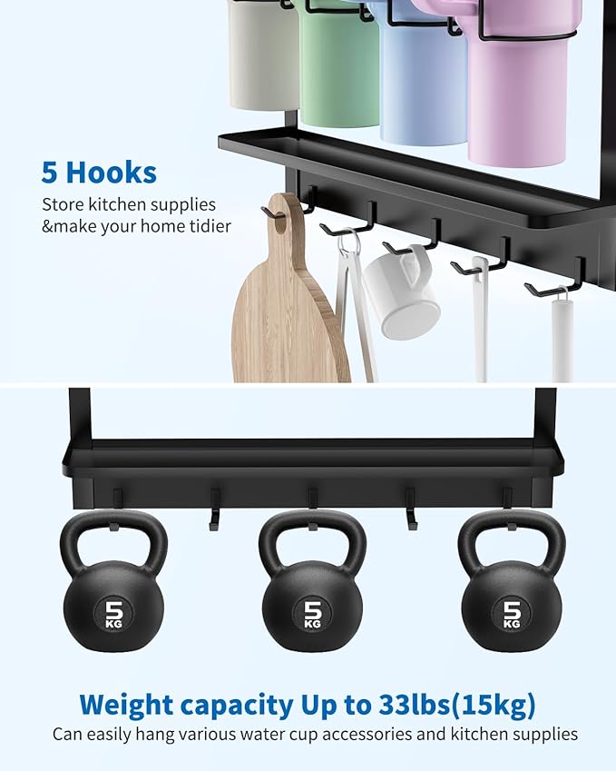 Magnetic Cup Holder for Stanley 20/30/40 oz, Water Bottle Organizer for Stanley & Most Tumblers Kitchen Cabinet Fridge Storage Rack with 5 Hook