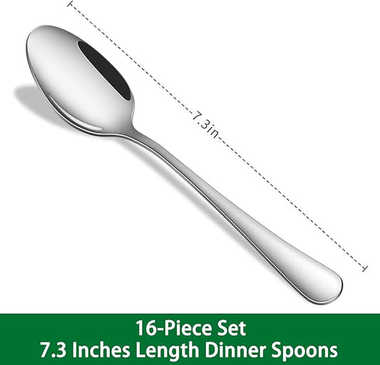 16-Piece 7.3 Inches Dinner Spoons,Stainless Steel Soup Spoons,Dishwasher Safe Tablespoon,Durable Silver Table Spoon Set For Restaurant,Hotel