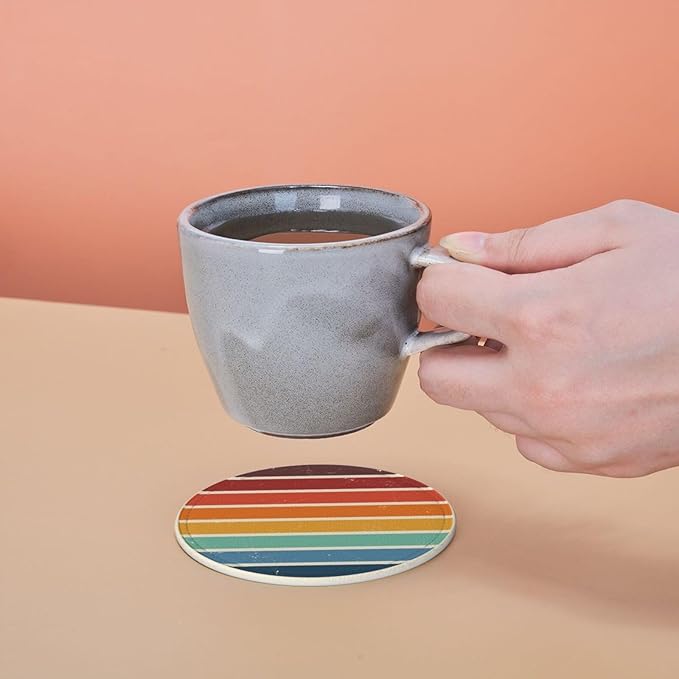 Vintage Colorful Beach Sunset Leather Drink Coasters Set of 6 with Holder Round Cup Coaster for Table Decor
