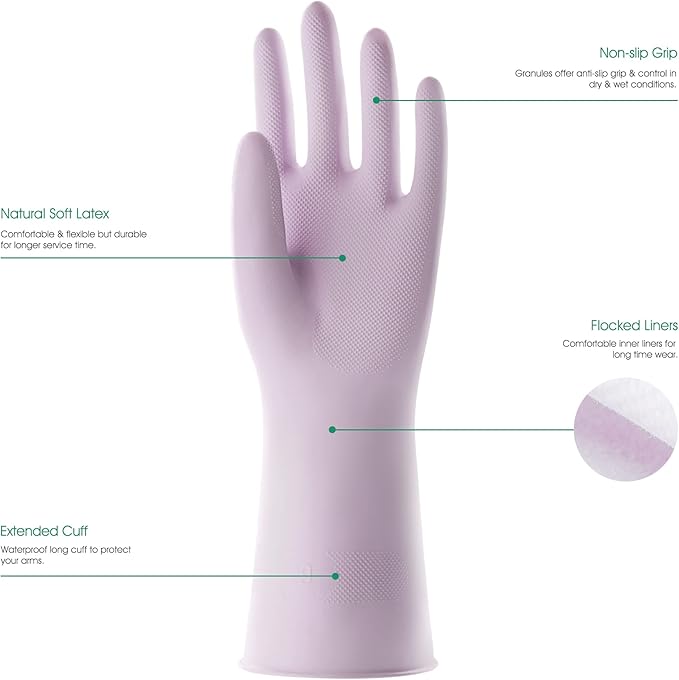COOLJOB Large Household Rubber Gloves with Cotton Liner & Non-slip Grip, Waterproof Long Lasting Dishwashing Gloves for Kitchen & Bathroom Cleaning, Purple, 1 Pair