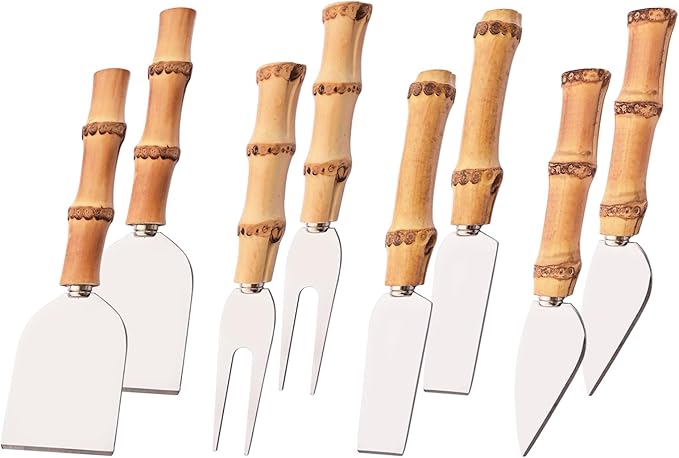Bamboo Cheese Knife Set, 8-Piece Steel Stainless Cheese knife Set with Bamboo Handle, Mini Cheese Cutter, Cheese Fork, Cheese Slicer, Spreader, For Party, Travel and Kitchen