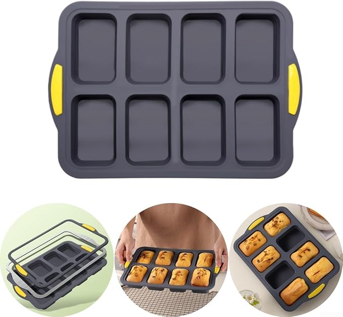 Stainless Steel Frame Silicone Loaf Pan with 8 Cavities, Non-Stick Baking Tray for Bread, Brownies, Muffins and Cheesecake