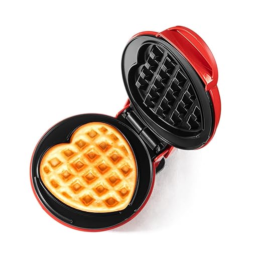 Holstein Housewares Personal Non-Stick Heart Waffle Maker, Red - 4-inch Waffles in Minutes, Mini Heart Ideal for Breakfast, Brunch, Lunch or Snacks