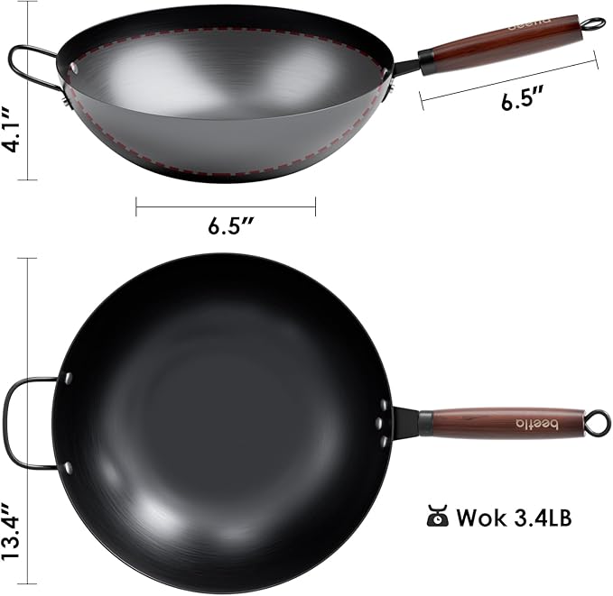 BEETLA Steel Wok Pan, 11.8-inch/12.6-inch/13.4-inch Stir Fry Pans Chinese Wok Flat bottom Iron wok for Induction, Electric, Gas, Halogen All Stoves Ideal for Stovetop Cooking (13.4-inch)