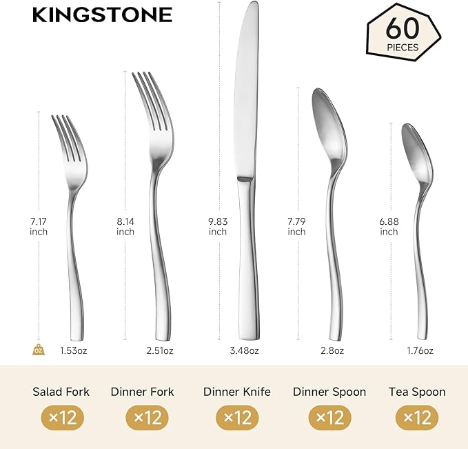KINGSTONE Silverware Set for 12, 60-Piece Stainless Steel Matte Finish Flatware Set with Forks, Knives, Spoons, Dishwasher Safe Cutlery Set for Home, Wedding, Rust-proof