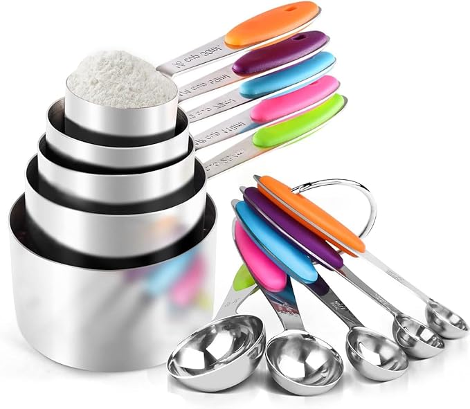Measuring Cups and Spoons Set, Set of 10 Stainless Steel Measuring Cups and Spoons, with Silicone Handles, Stackable, Easy to Store for Kitchen, Cooking, Baking (Colorful)