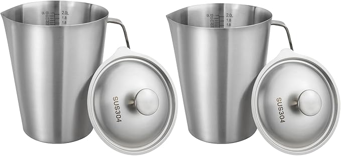 2-Pack 304 Stainless Steel Water Pitcher with Lid, 2L/70oz Metal Pitcher with Lid Wide-Mouth Measuring Cup with Dual-Scale Markings for Mixing, Baking, Coffee, Kitchen Prep