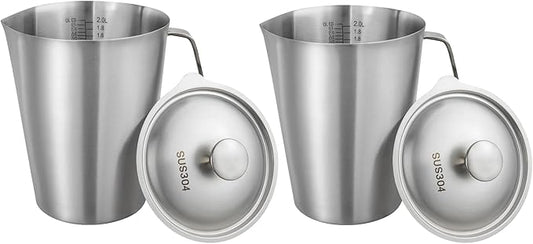2-Pack 304 Stainless Steel Water Pitcher with Lid, 2L/70oz Metal Pitcher with Lid Wide-Mouth Measuring Cup with Dual-Scale Markings for Mixing, Baking, Coffee, Kitchen Prep