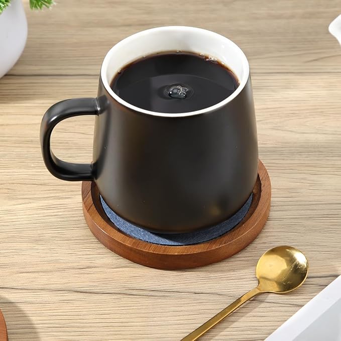 Acacia Wood Coasters for Drinks, HALE OTEIR 4.13 Inch Felt Wooden Coasters for Coffee Table Absorbent Set of 6 with Holder, Natural Wood Stackable Reusable Coasters for Home Office Coffee Bar Table