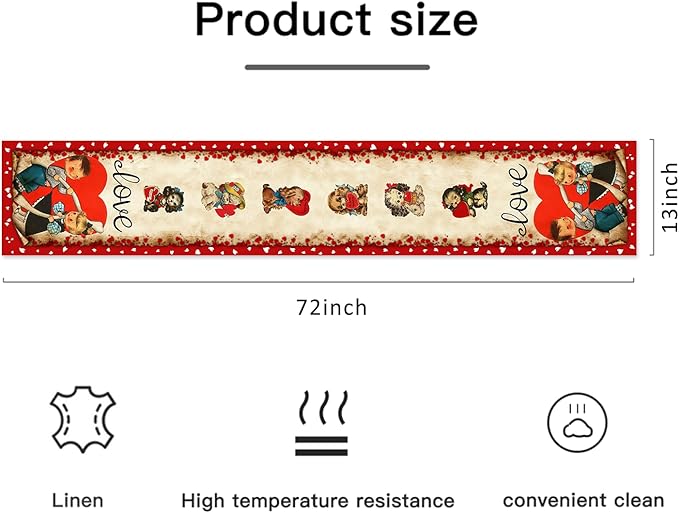 Vintage Valentine's Day Table Runner Valentines Decorations - Red Love Vintage Style Boys and Girls Valentines Day Anniversary Home Kitchen Dining Table Decor, Valentines Party Decor 13 x 72 Inch