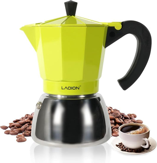 LAOION Stovetop Espresso Maker, 6Cup Moka Pot, Espresso Machine Compatible with Induction Cooktops, 300ml Stainless Steel & Aluminum Cuban Coffee Maker for Cafetera Cubana, Green
