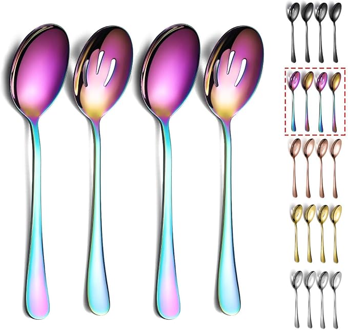 Kyraton Rainbow Serving Set - 4 Piece Titanium Plated Utensils, Includes 2 Spoons and 2 Slotted Spoons