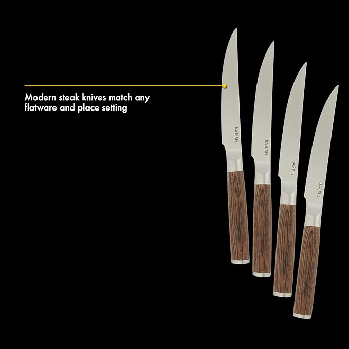 Babish 4-Piece 1.4116 German Stainless Steel Steak Knife Set with Dark Pakka Wood Handles – Full-Tang Steak Knives for Dining, Entertaining & Everyday Table Use