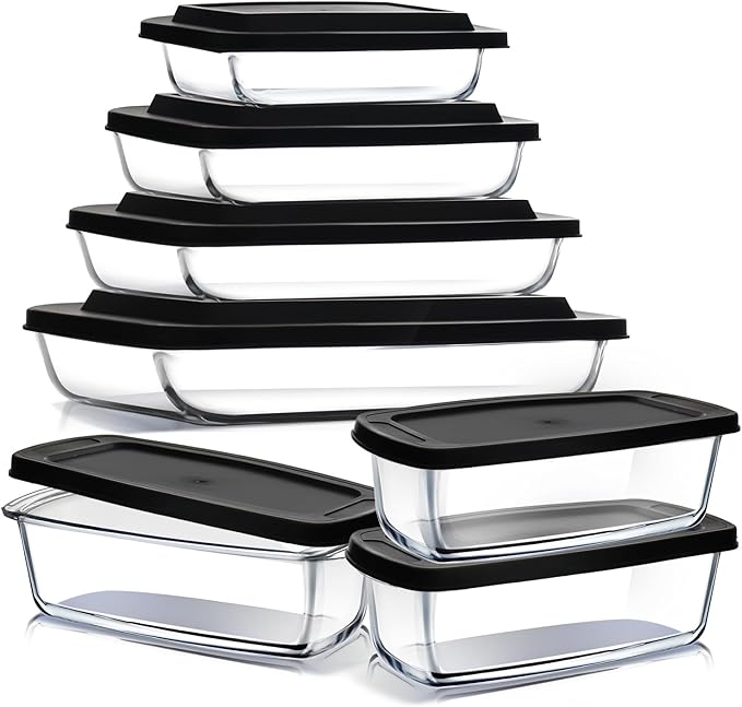 EATEX 7 Pack Glass Food Storage Containers with Lids, Baking Pans Set, Glass Baking Dishes for Oven | 3 Bread Pans for Bread Baking | 4 Casserole Dish Lasagna Pans, Oven Microwave Freezer Safe