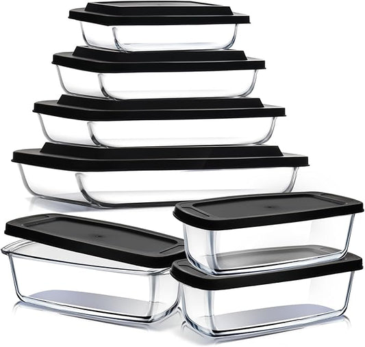 EATEX 7 Pack Glass Food Storage Containers with Lids, Baking Pans Set, Glass Baking Dishes for Oven | 3 Bread Pans for Bread Baking | 4 Casserole Dish Lasagna Pans, Oven Microwave Freezer Safe