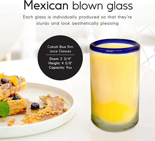 Cobalt Blue Rim 9 oz Juice Glasses (set of 6), Recycled Glass, Lead-free, Toxin-Free (9 oz Juice)