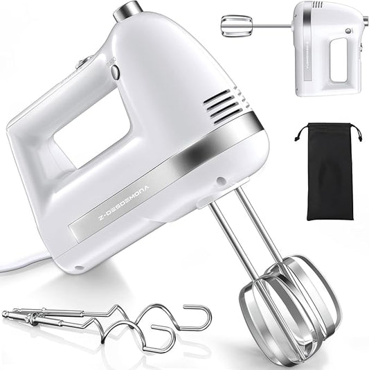 Z-DESDEMONA Electric Hand Mixer, Powerful 300W Hand Mixer Electric Handheld with 304 Beaters, Dough Hook,Hand Held Mixer with Turbo for Baking Cakes, Eggs, Cream Food(White)