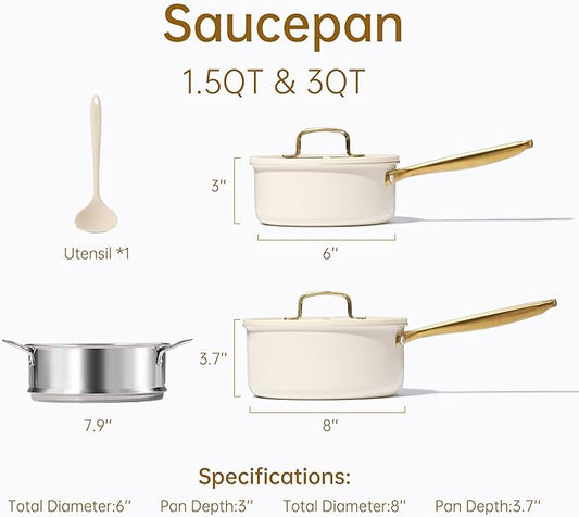 CAROTE 1.5Qt & 3.0Qt Stainless Steel Saucepan Set with Steamer & Ladle, Non-Toxic 3-Ply Stainless Steel Pot with Lids, Small Pots for Cooking, Oven Safe, Induction Compatible Cookware