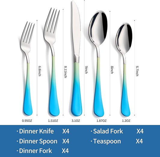 20-Piece Yellow&Blue Silverware Set, 18/0 Stainless Steel Colorful Handle Flatware Set, Service for 4, Modern Cutlery Set Includes Dinner Knives Forks Spoons, Mirror Polished, Dishwasher Safe