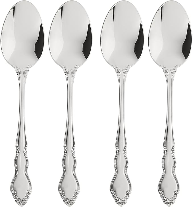 Oneida Silverware Set, Dover Fine Teaspoons Flatware Set, Service For 4, 18/10 Stainless Steel, Mirror Finish, Dishwasher Safe, Home And Kitchen Utensils Sets, Spoons, Tea spoon (Silver, 4 Piece)