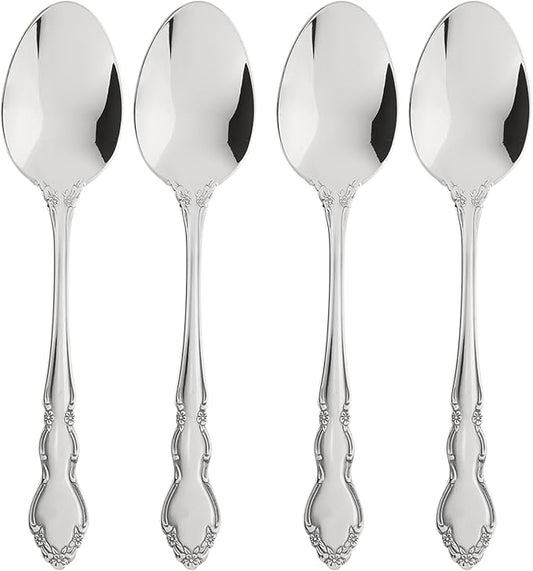 Oneida Silverware Set, Dover Fine Teaspoons Flatware Set, Service For 4, 18/10 Stainless Steel, Mirror Finish, Dishwasher Safe, Home And Kitchen Utensils Sets, Spoons, Tea spoon (Silver, 4 Piece)