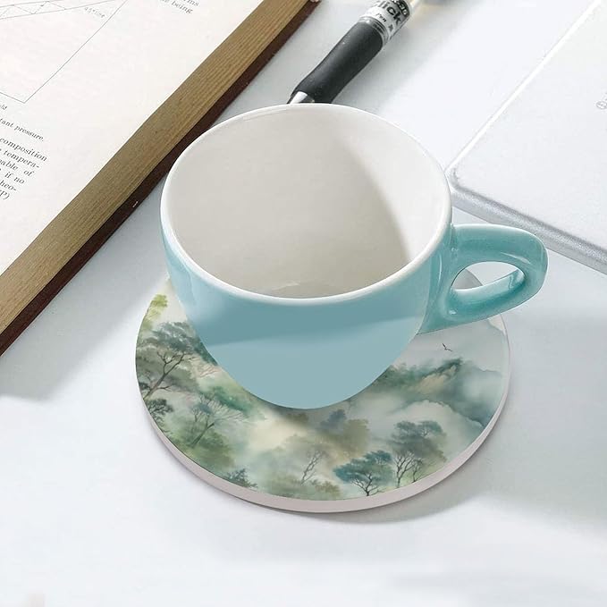 4PCS Forest Ceramic Coasters, Round Absorbent Drink Coasters,Nature Woodland Green Forest Mountain Plant Flying Birds Ceramic Table Coasters for Coffee, Beverage, Wine, Beer Coasters