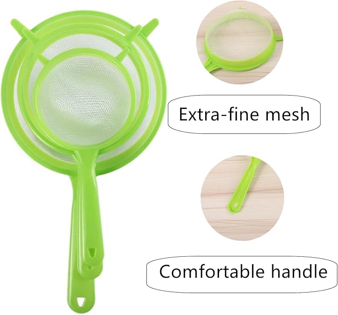 3 Packs Fine Mesh Strainers Plastic Colander Sieve Sifters Reusable Coffee Filter with Long Handle Kitchen Tools for Kitchen Rice Juice Quinoa Food Flour Baking, Green