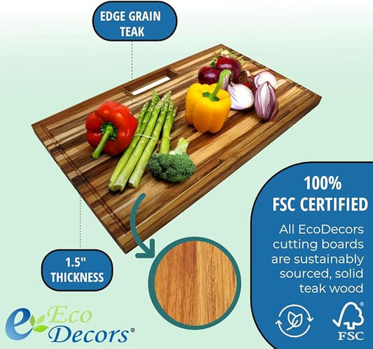 EcoDecors, Teak Edge Grain Cutting Board 34"x20", Extra Large Solid FSC Teakwood Butcher Block with Juice Groove, Handles & Waste Slot, Best Wooden Cutting Board for Kitchen Stove-Top Prep