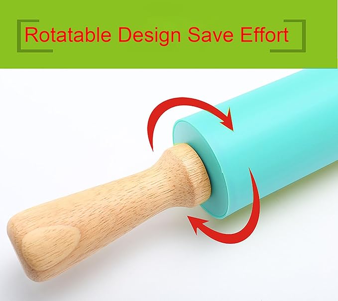 Silicone Rolling Pin, Blue 9 Inch Pin with Wooden Rotatable Handle for Dough of Baking Bread, Cookie, Pizza (blue, 9 inch)