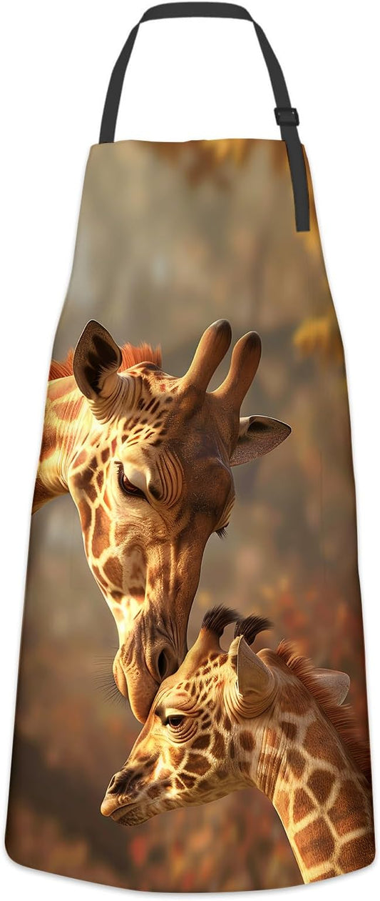 Rustic Fall Giraffe Apron for Women Chef Nature Lovers Gifts, Polyester Lightweight Autumn Animal Aprons with Pockets for Cooking Baking Kitchen BBQ Cleaning, Adjustable Neck Strap, 28×33inch