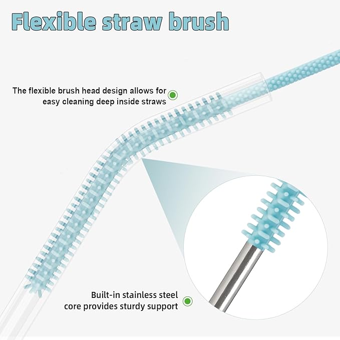Silicone Straw Cleaner Brush, 4-Piece Reusable Straw Brush Set with Extra-Long Design for Cleaning Thin Metal Straws and Wider Milkshake Straws （6mm+9mm Blue)