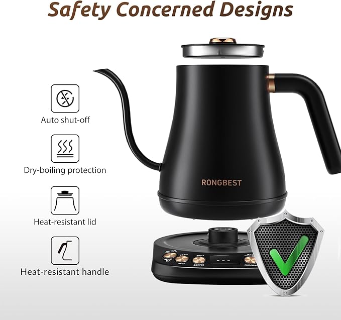 RONGBEST Electric Gooseneck Kettle, 1200W, 6 Temperature Settings, Stainless Steel Inner Lid & Bottom, 1L Quick Heating Pour Over Kettle for Coffee & Tea, Matte Black