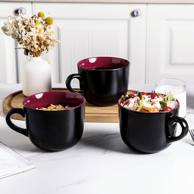 GBHOME Jumbo Soup Mugs with Handles, 24 Oz Large Coffee Mugs Set of 4, Ceramic Soup bowls for Coffee,Cereal,Snacks,Salad,Noodles etc Soup Cups,Microwave&Dishwasher safe-Red Inside