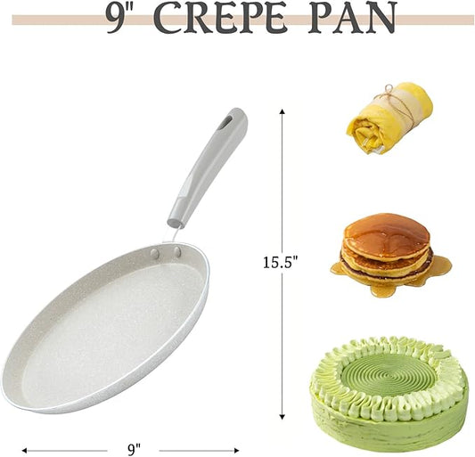 FORBAKE 9 Inch Crepe Pans with Spreader & Spatula, Nonstick Granite Coating Dosa Pan, Aluminum Alloy Pancake Flat Skillet Tawa Griddle, with Stay-Cool Handle, Induction Compatible Bottom