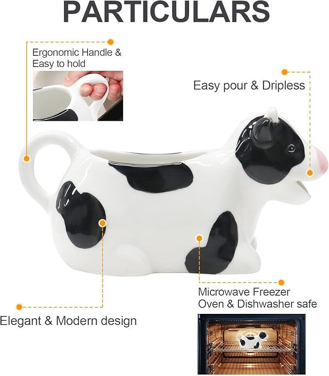 Ceramic Gravy Boat, 11oz/300ml White Gravy Boat Milk Cow Sauce Jug with Smooth Handle - Perfect for Salad Dressing, Broth, Cream, Milk - Unique Artwork for Your Kitchen