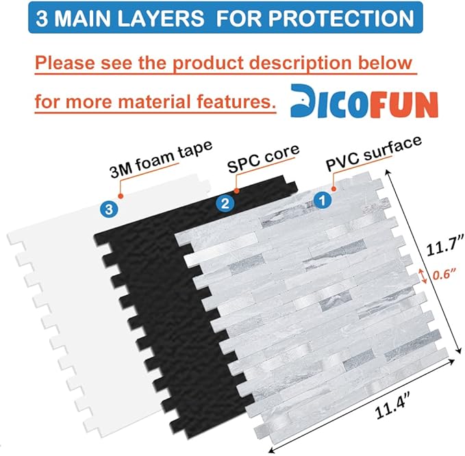 DICOFUN Peel and Stick Backsplash Wall Tiles, 1 Sheet Light Grey Faxu Stone PVC Mixed Metal Kitchen Backsplash Peel and Stick