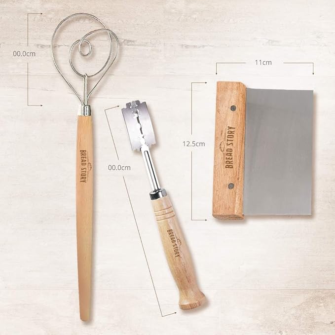 Danish Dough Whisk Set – Wooden Scraper & Lame Scoring Tool | Sourdough Whisk & Mixing Tool Kit | Bread Utensils for Homemade Bread, Pizza, Pastry | Stainless Steel & Wood