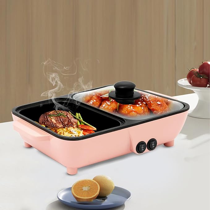 Electric Hot Pot with Grill 2-in-1 Non-stick Pan and Griddle Combo Multi-functional Barbecue Shabu Hot Pot Pink Indoor Cooking Appliance with Dual Temperature Control for 1-4 People