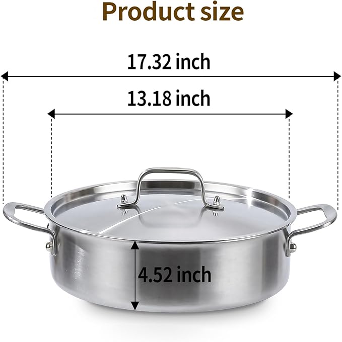 DELARLO 8QT Saute Pan Jumbo Cooker Tri-Ply Stainless Steel Pan, 13Inch Deep Frying Pan with Steel cover, Kitchen Large Skillet,Heavy Duty Style Compatible With All Cooktops Up to 650℉